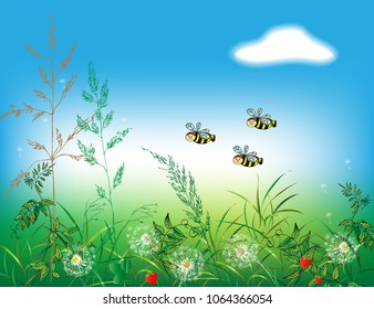 Bees fly on a summer day over a meadow with wildflowers, dandelions and strawberries. Can be used to create a children's book.