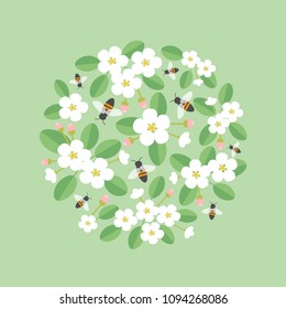 Bees fly over a blooming apple tree. Template card for World honey Bee Day. The pattern in the circle. Vector illustration in flat design. Spring color.