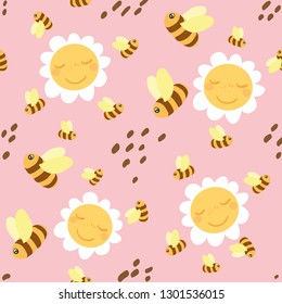 Bees fly over daisies. Honeycombs. On a pink background. Seamless pattern