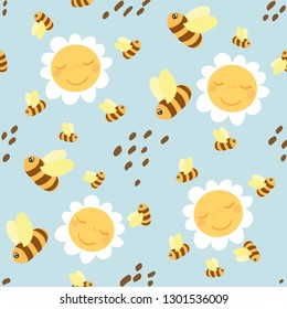 Bees fly over daisies. On a blue background. Seamless pattern.