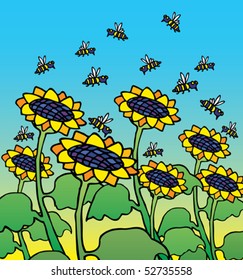 Bees fly over the flowers