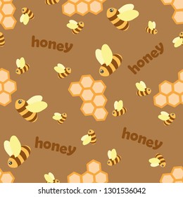 Bees fly over the honeycomb. Lots of bees. Fly in different directions. On a brown background. Seamless pattern.