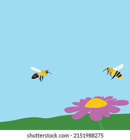 bees fly over a lilac flower with the sky as a background