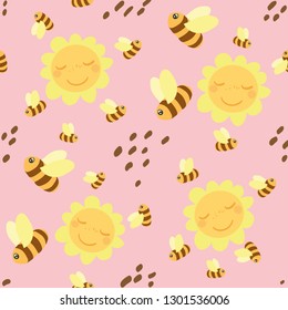 Bees fly over sunflowers. Lots of bees. On a pink background. Seamless pattern