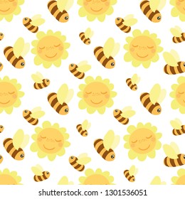 Bees fly over sunflowers. On a white background. Seamless pattern