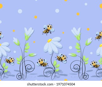 Bees fly. Swarm. Chamomile background, pattern. World Bee Day. Bee swarming, honey bees fly