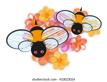 Bees are flying above colored flowers on a white background.
