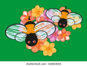 Bees are flying above colored flowers on a green background.
