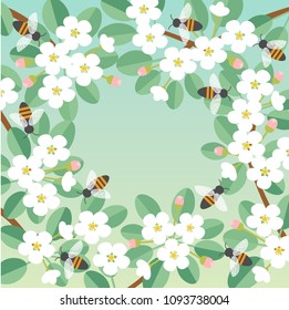 Bees flying around the apple tree in blossom. Spring color. Template card for World honey Bee Day. Vector illustration in flat design.