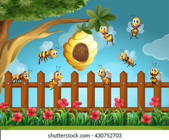 Bees flying around beehive in the garden illustration