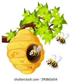 Bees flying around beehive illustration