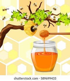 Abejas volando alrededor de la ilustración de la colmena
