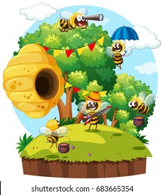 Abejas volando alrededor de la colmena en la ilustración de la isla