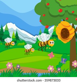 Bees flying around the beehive in the park illustration
