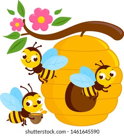 Bees flying around a beehive. Vector illustration.