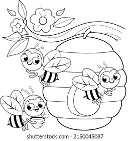 Bees flying around a beehive. Vector black and white coloring page.