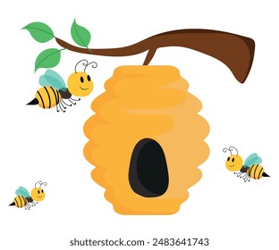 Bees flying around a beehive. Vector illustration.