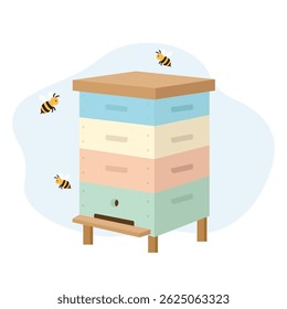 Bees flying around a beehive. Vector illustration.