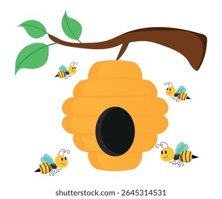 bees flying around beehive vector illustration.