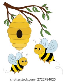 Abejas volando alrededor de una Ilustración vectorial de colmena