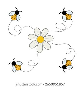 Bees Flying Around a Daisy Flower Vector Illustration. This charming vector illustration features four adorable bees buzzing playfully around a single daisy flower at the center.