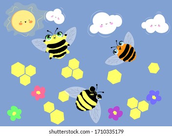 Bees flying around the flovers in a front of smiling sun and clouds. vector illustration.