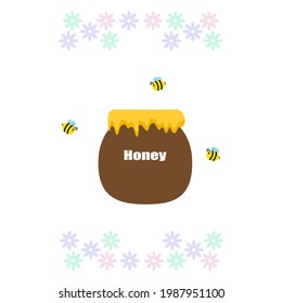 Bees flying around flowers and over a bucket full of honey, store honey that sweet, viscous food substance, bees support the growth of trees and plants, critical to the environment. 