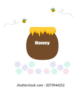 Bienen fliegen um Blumen und über einen Eimer voller Honig, speichern Honig, der süße, viskose Nahrung, Bienen unterstützen das Wachstum von Bäumen und Pflanzen, entscheidend für die Umwelt. 