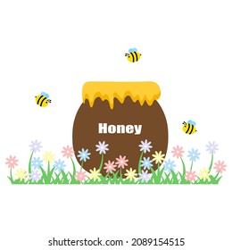 Bees flying around flowers and over a bucket full of honey, store honey that sweet, viscous food substance, bees support the growth of trees and plants, critical to the environment.