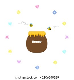 Bees flying around flowers and over a bucket full of honey, store honey that sweet, viscous food substance, bees support the growth of trees and plants, critical to the environment. 