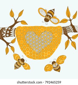 Bees flying around the hive with sweet heart. Happy Velentines day. Vector illustration