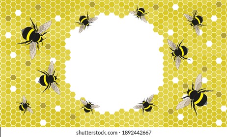 Bees flying around the honeycomb frame banner template. Vector illustration.