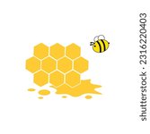 Bees flying around honeycomb that displaying hexagonal prismatic wax cells, store honey that sweet and viscous food substance on white background.