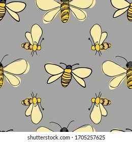 Bees flying around on gray background seamless vector pattern surface design honeybees