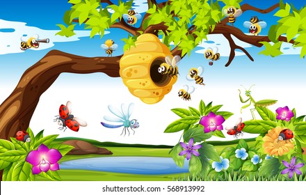 Les abeilles volent autour de l'arbre dans l'illustration du jardin