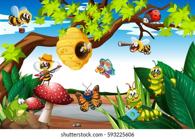 Bees flying around the tree illustration