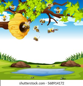 Bees flying in the garden illustration