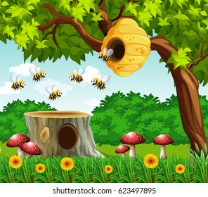 Bees flying to hive in nature