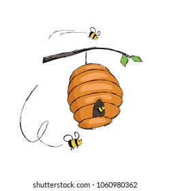 Bees flying into hive hanging on tree branch vector illustration isolated on white. Home for insects where honey is produced, bee in cartoon style design