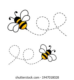 Bees flying on dotted route. Cute bumblebee characters. Vector cartoon illustration isolated on white background