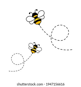 Bees flying on dotted route. Cute bumblebee characters. Vector cartoon illustration isolated on white background