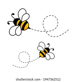Bees flying on dotted route. Cute bumblebee characters. Vector cartoon illustration isolated on white background