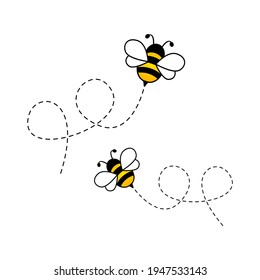 Bees flying on dotted route. Cute bumblebee characters. Vector cartoon illustration isolated on white background