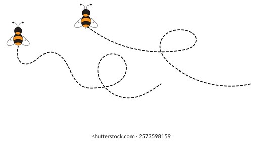 Bees flying on dotted route. Cute bumblebee characters. Vector cartoon illustration isolated on white background