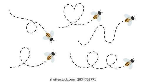Bees flying on a dotted route, insect icon, flying bee route set