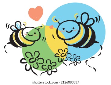 Bees flying on flowers cute cartoon smiling spring bug