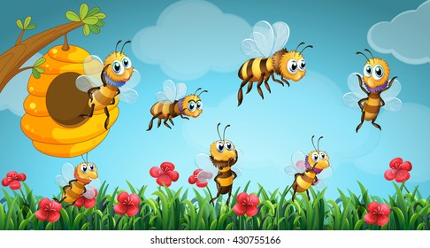 Bees flying out of beehive in the garden illustration