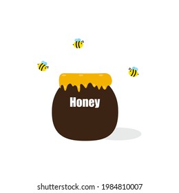 Bees flying over a bucket full of honey, store honey that sweet and viscous food substance on white background.