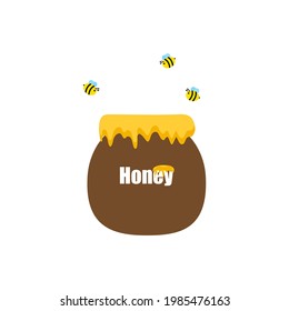 Bees flying over a bucket full of honey, store honey that sweet and viscous food substance on white background.