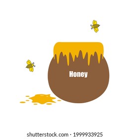 Bees flying over a bucket full of honey, store honey that sweet and viscous food substance. Help detoxify the body, good for health. 